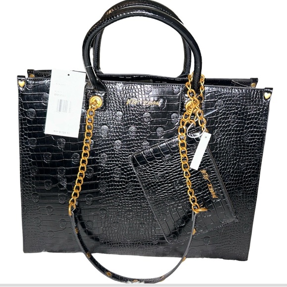 BETSEY JOHNSON XL FAUX CROC BLACK DOUBLE HANDLE/CHAIN STRAPS TOTE W/ SKULLS NWT - Picture 1 of 12